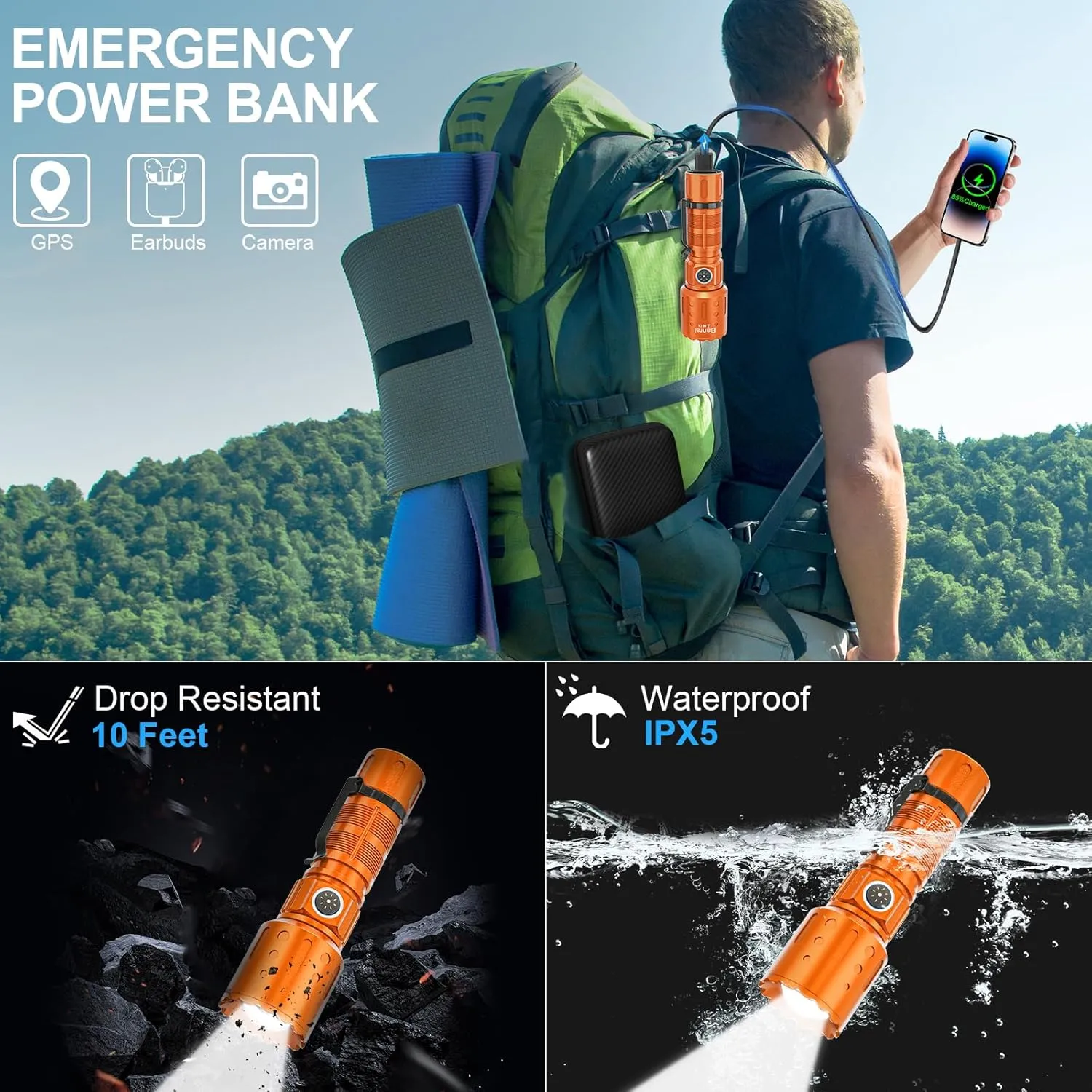 Flashlights High Lumens Rechargeable, Super Bright Long Range Small Powerful Flashlight, 6 Modes LED Tactical Pocket Waterproof Flash Light for Camping (2, Black/Orange)