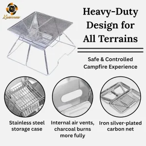 Folding Campfire Grill Stainless Steel Grate Barbeque Portable Camping with Legs for Picnics Backpacking Outdoor with Carrying Bag and Kitchen Tongs