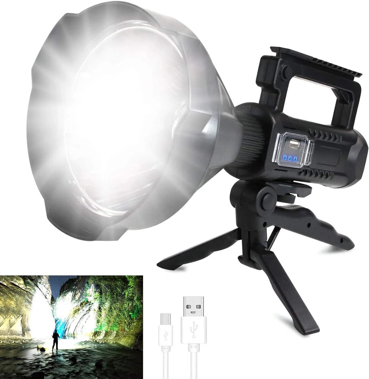 Foleto Rechargeable LED Spotlight Flashlights 2500 High Lumens, Super Bright Flashlight with 4 Modes IPX5 Waterproof, Large Searchlight for Fishing, Hiking and Camping with Tripod