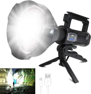 Foleto Rechargeable LED Spotlight Flashlights 2500 High Lumens, Super Bright Flashlight with 4 Modes IPX5 Waterproof, Large Searchlight for Fishing, Hiking and Camping with Tripod