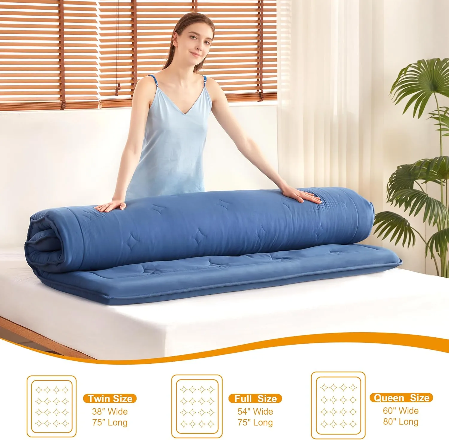 Futon Mattress Japanese Floor Topper, 4" Memory Foam Foldable Futon Pad, Portable Roll Up Sleeping Mat for Camping, Easy to Store with Dust Cover, Twin