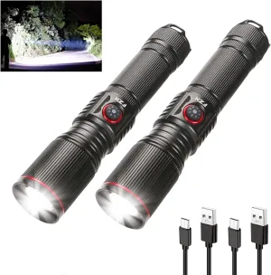 FZH Flashlights High Lumens Rechargeable 2PC 10000LM LED Infinitely Dimmable Super Bright USB Flash Light Powerful Handheld Tactical Torch, 5 Modes, Waterproof for Outdoor Emergencies Camping