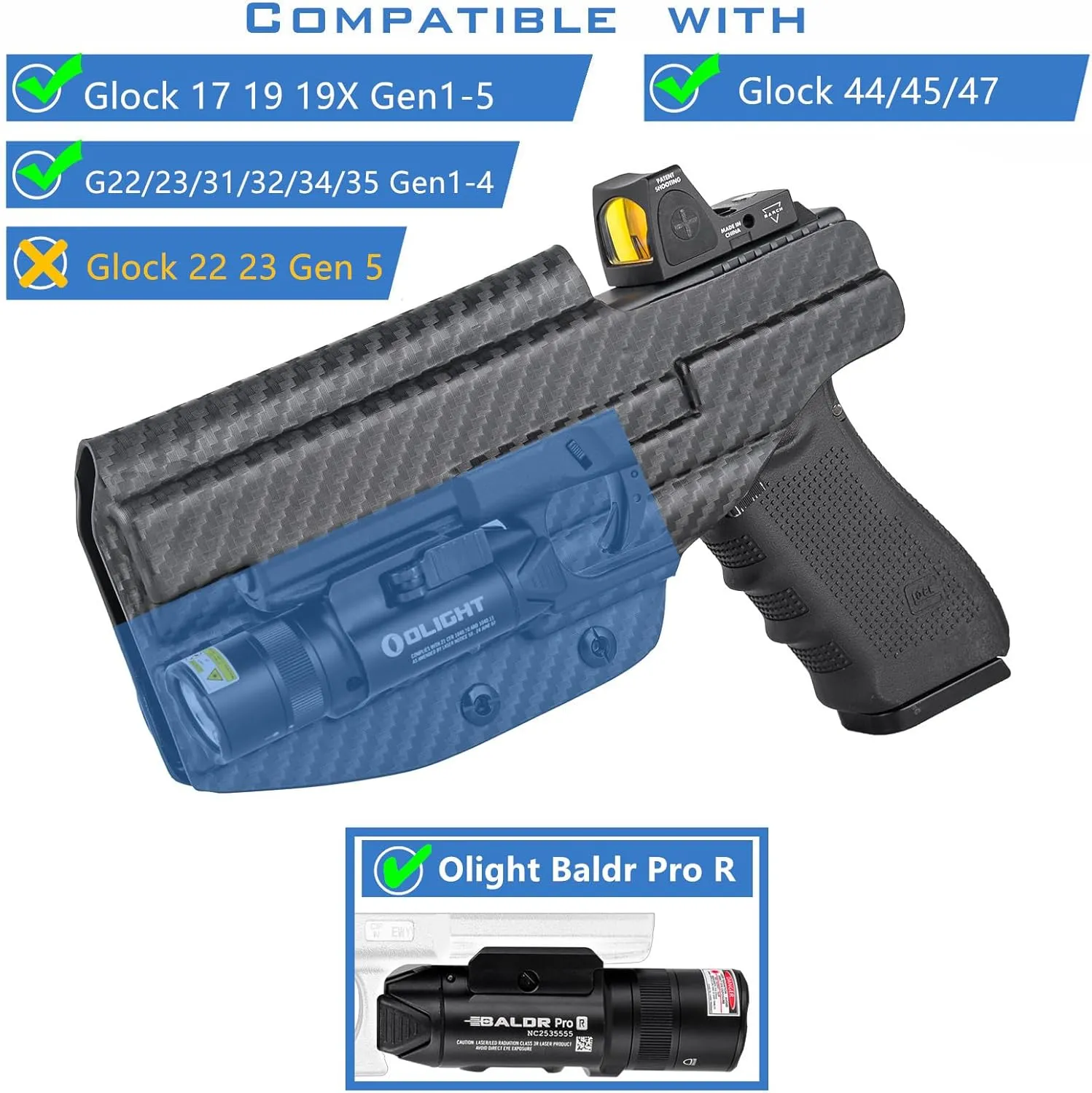 G19/ G17/ G34 Holster with Laser/Light, IWB Holster for Glock 19 17 19X 22 23 31 32 34 35 44 45 47 with Olight Baldr Pro R Flashlight - Red Dot Optic Cut - Appendix Carry Holster for Concealed Carry