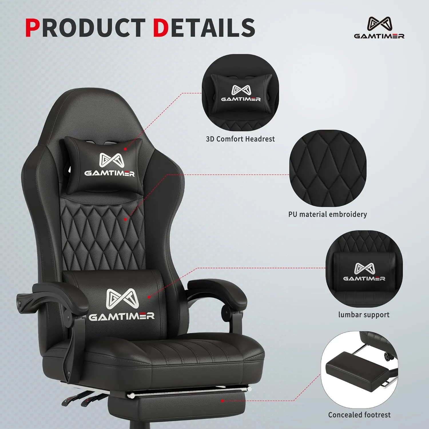 Gaming Chair with Footrest, Ergonomic Computer Chair, PU Breathable Material with Headrest and Lumbar Support, Suitable for Silla Gamer and Adults (Black)