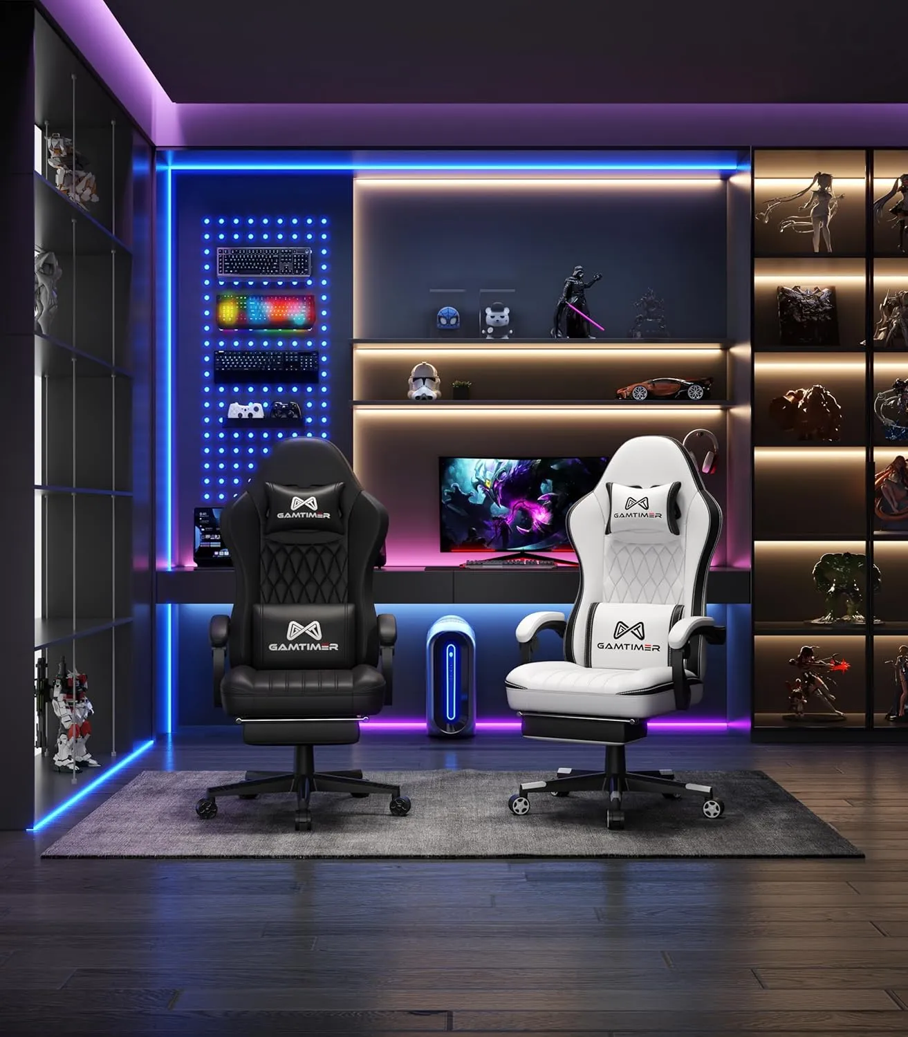 Gaming Chair with Footrest, Ergonomic Computer Chair, PU Breathable Material with Headrest and Lumbar Support, Suitable for Silla Gamer and Adults (Black)