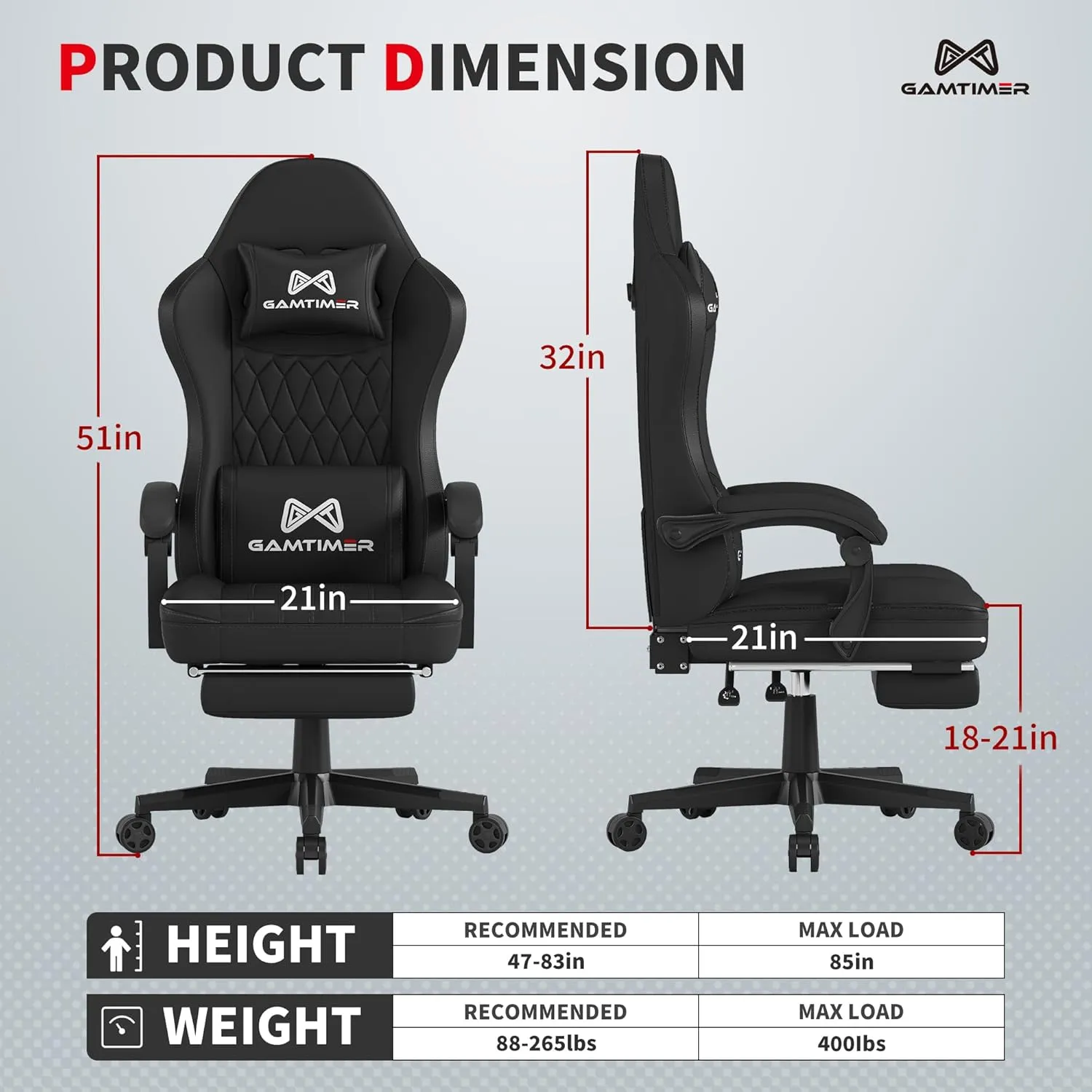Gaming Chair with Footrest, Ergonomic Computer Chair, PU Breathable Material with Headrest and Lumbar Support, Suitable for Silla Gamer and Adults (Black)