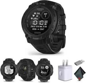 Garmin Instinct 3 Tactical Edition, Solar Charged 45mm Display, Outdoor Rugged GPS Smartwatch Bundle with USB Wall Charger   Microfiber Cleaning Cloth