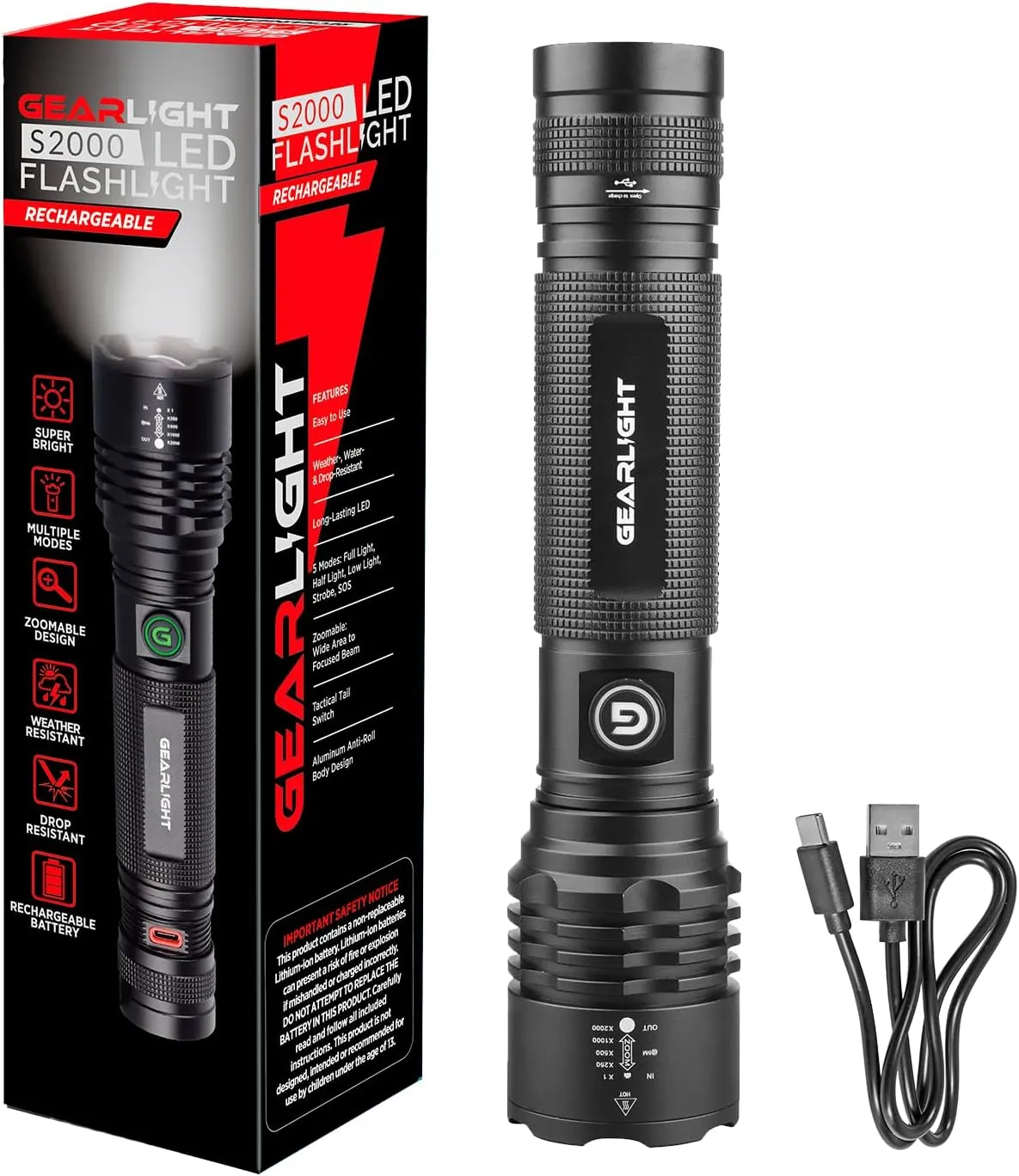 GearLight S2000 LED Rechargeable Flashlight High Lumens - Super Bright, Powerful, Mid-Size Tactical Flashlight for Outdoor Activity & Emergency Use