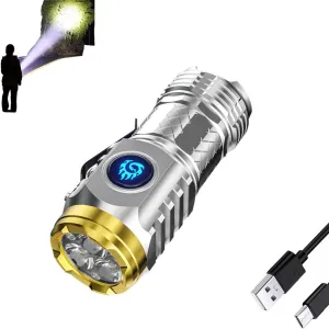 German Three-Eyed Monster Mini Flash Super Power Flashlight, 5 Modes IPX7 Waterproof Flashlight，Rechargeable High LumensHigh Power Led Flashlights with Zoomable (Silver)