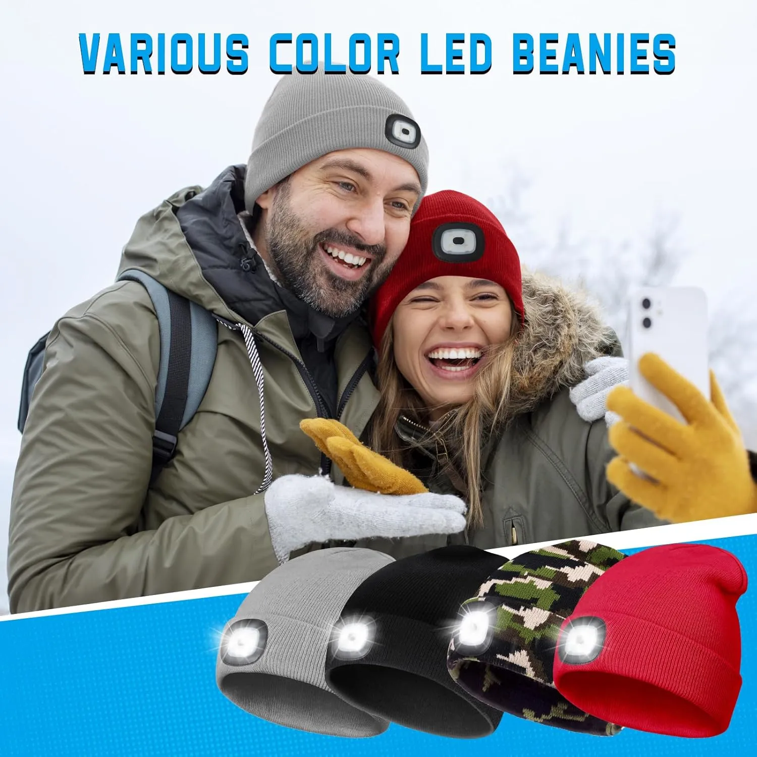 Gifts for Him, Beanie Hats with Light, USB Rechargeable LED Hand Free Headlamp, Fathers Day Dad Gifts, Birthday Gadget for Men, Women, and Teens, Ideal for Camping, Hiking, 2 Pack, Red