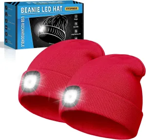 Gifts for Him, Beanie Hats with Light, USB Rechargeable LED Hand Free Headlamp, Fathers Day Dad Gifts, Birthday Gadget for Men, Women, and Teens, Ideal for Camping, Hiking, 2 Pack, Red