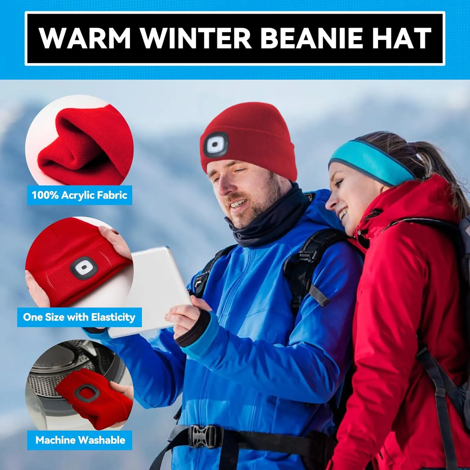 Gifts for Him, Beanie Hats with Light, USB Rechargeable LED Hand Free Headlamp, Fathers Day Dad Gifts, Birthday Gadget for Men, Women, and Teens, Ideal for Camping, Hiking, 2 Pack, Red