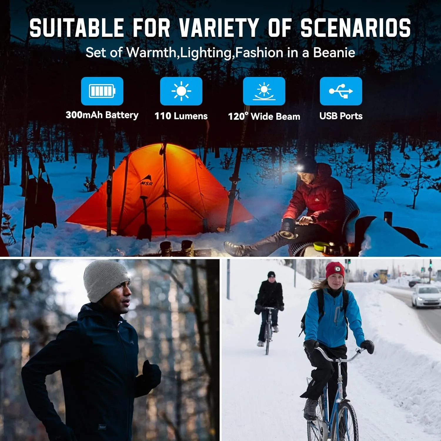 Gifts for Him, Beanie Hats with Light, USB Rechargeable LED Hand Free Headlamp, Fathers Day Dad Gifts, Birthday Gadget for Men, Women, and Teens, Ideal for Camping, Hiking, 2 Pack, Red