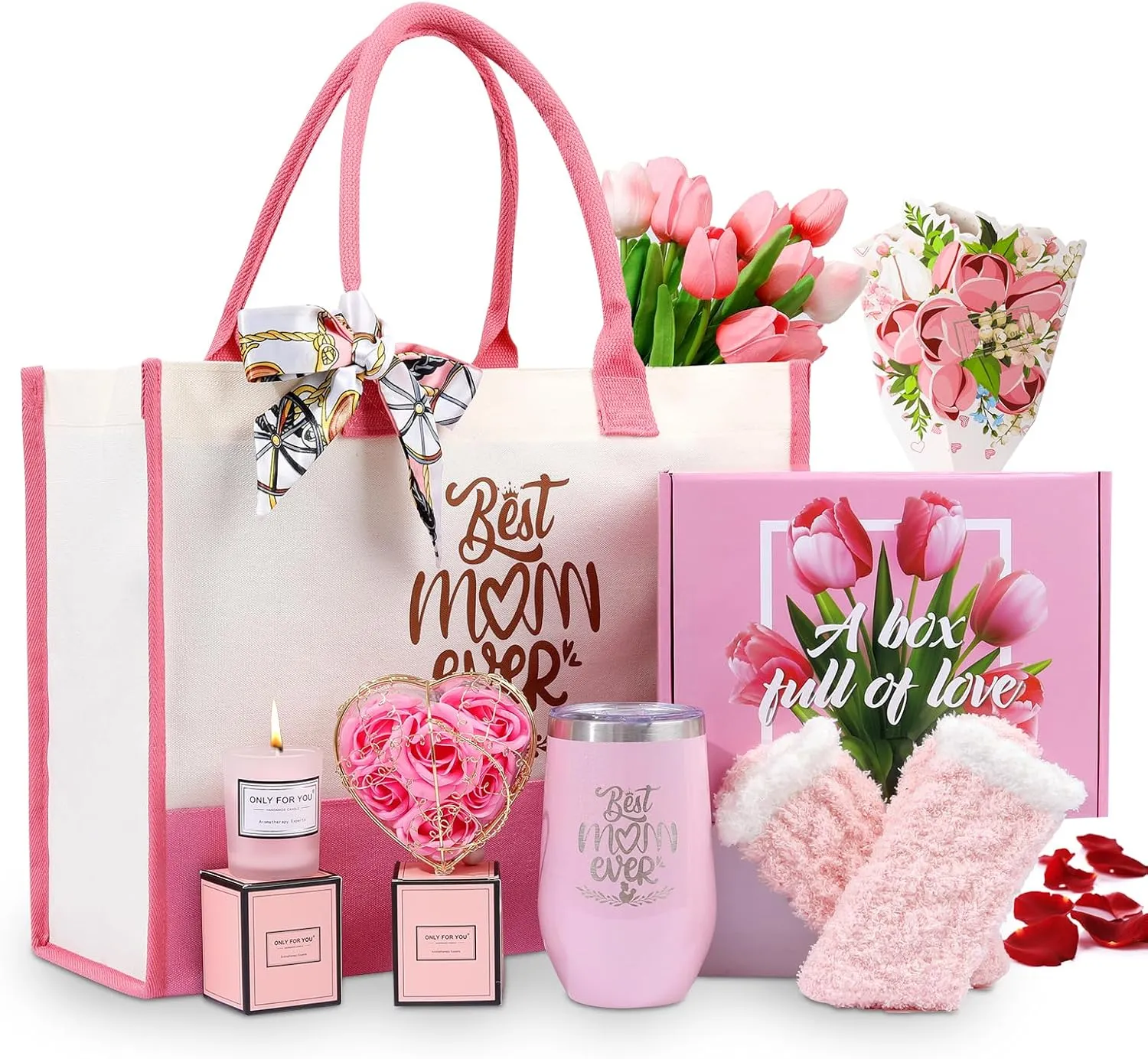 Gifts for Mom, Mother's Day Gift for Mom from Daughter Son, Birthday, Thanksgiving Day, Christmas Gifts for Mother, Care Package, Gift Basket with Canvas Tote Bag Sock Tumbler Soap Flower