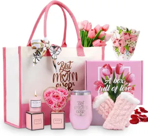 Gifts for Mom, Mother's Day Gift for Mom from Daughter Son, Birthday, Thanksgiving Day, Christmas Gifts for Mother, Care Package, Gift Basket with Canvas Tote Bag Sock Tumbler Soap Flower