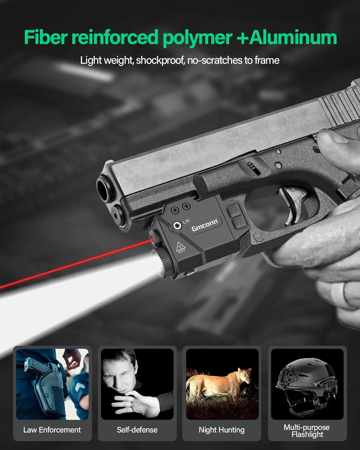 Gmconn 800 Lumen Pistol Light Red Laser Combo, Tactical Flashlight with Green Beam for Pistol with Rail (Red Laser)