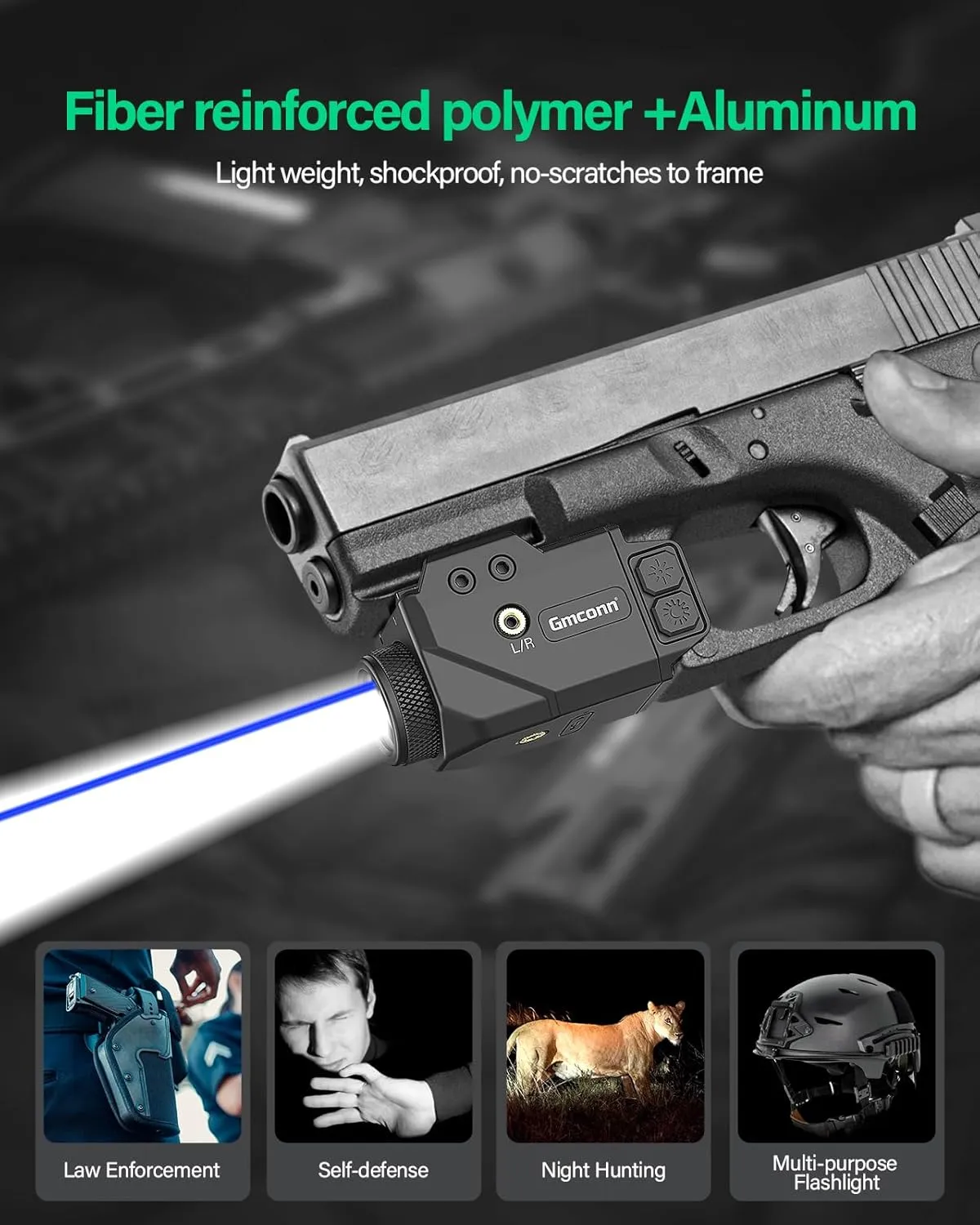 Gmconn 800 Lumen Tactical Flashlight Green Red Blue Laser LED Light Combo, Rechargeable Pistol Light with Strobe Function (Blue Laser)