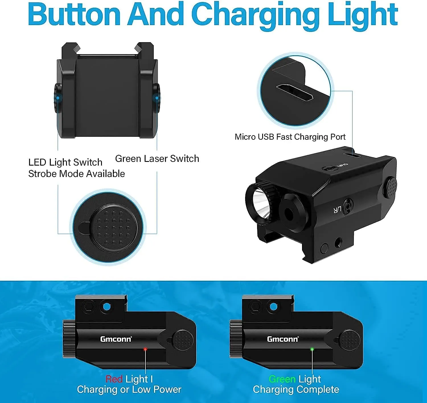 Gmconn Rechargeable Green/Blue/Red/IR/Purple Beam, Low Profile Beams Compatible with 21MM Rail