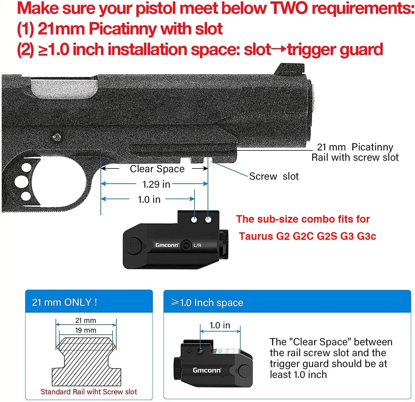 Gmconn Rechargeable Green/Blue/Red/IR/Purple Beam, Low Profile Beams Compatible with 21MM Rail