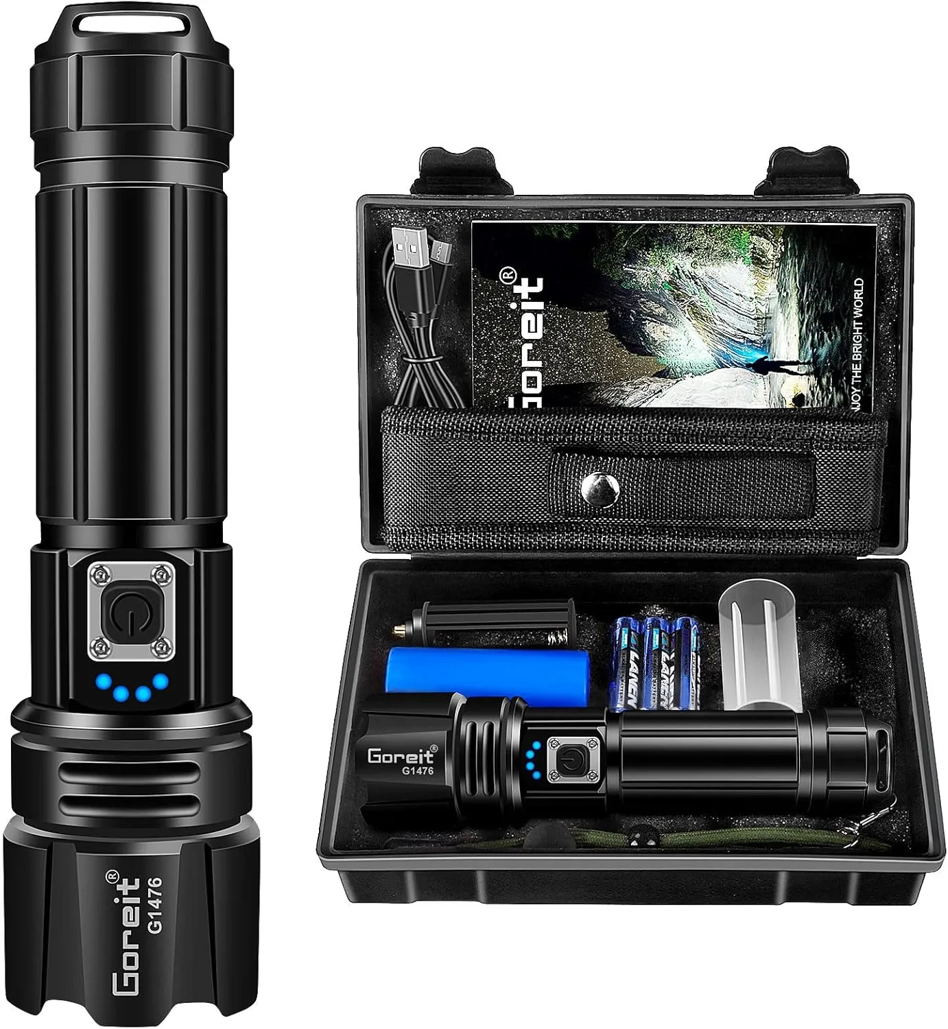 Goreit Flashlight High Lumens Rechargeable, 2000 Lumen Led Flashlights XHP70.2 USB Super Bright Flash Light Battery Powered, Powerful Handheld Flashlights for Emergencies Camping, IP67 Waterproof