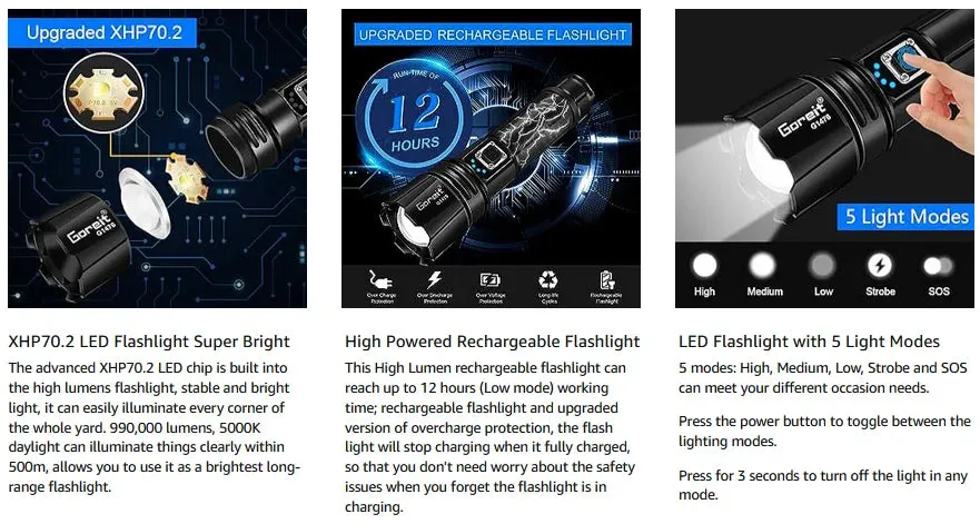 Goreit Flashlight P70. - 990000 Lumens, Rechargeable