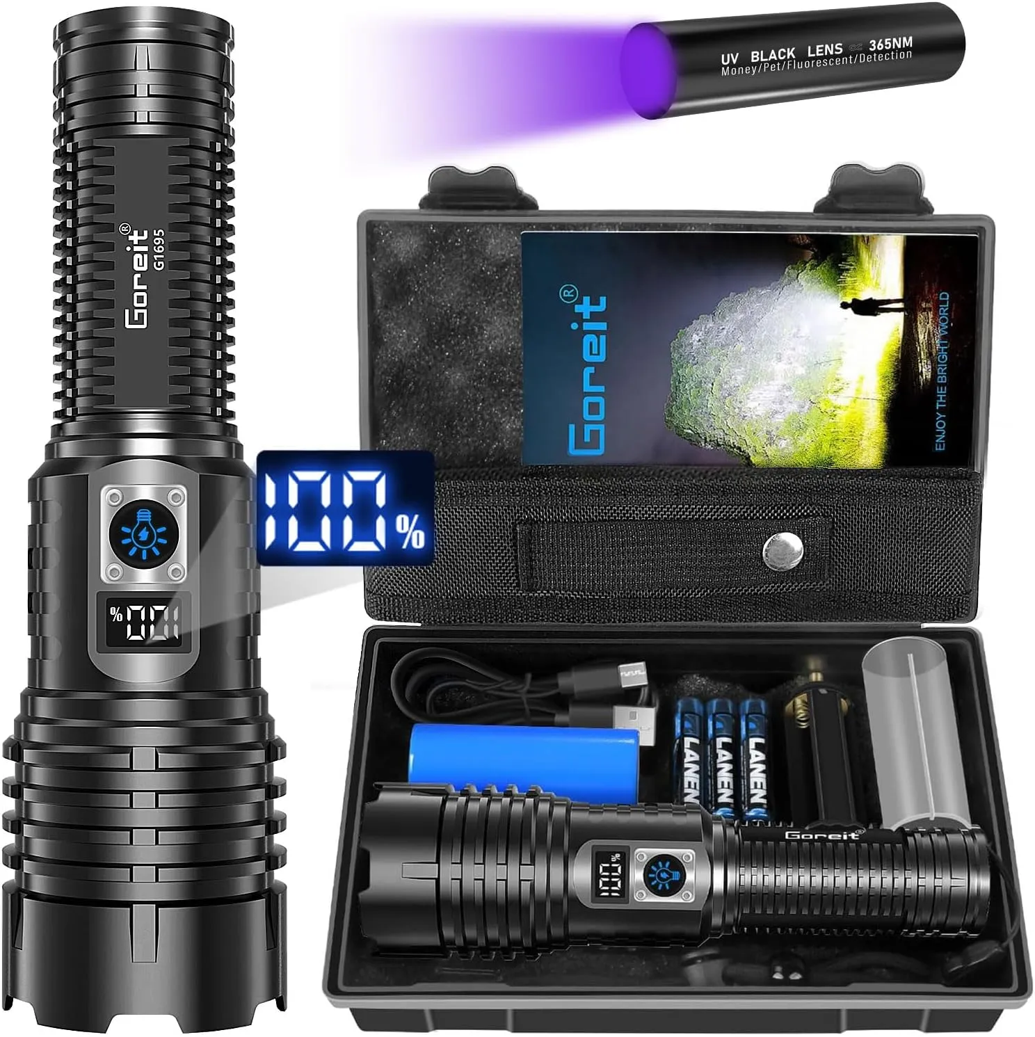 Goreit Flashlights LED High Lumens Rechargeable, 2000 Lumens XHM77.2 Super Bright Flash Light USB, Handheld Flashlight High Powered, Powerful Flashlight Waterproof for Emergency Camping Gift
