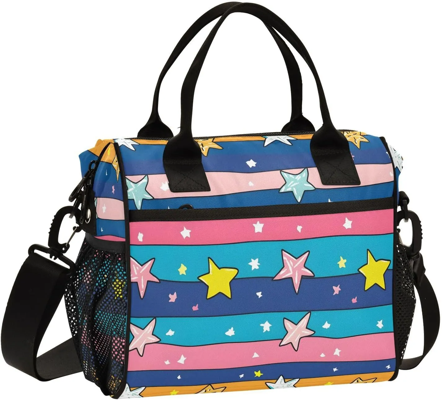 Graffiti Stripes and Stars Lunch Bag, Reusable Handheld Portable Insulated Lunch Bag with Removable Shoulder Strap
