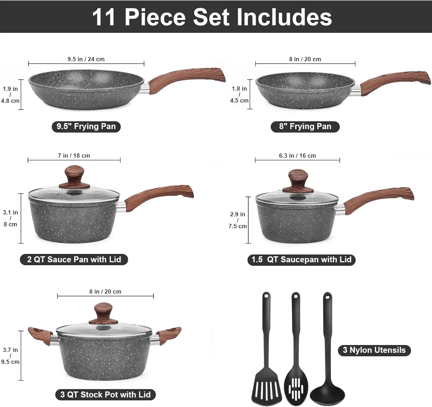 Granite Pots and Pans Set Non Stick, 11 Piece Die-Cast Induction Cookware Set, Nonstick Kitchen Cooking Set w/Frying Pans & Saucepans(PFOS,PFOA,PFAS,PTFE Free)