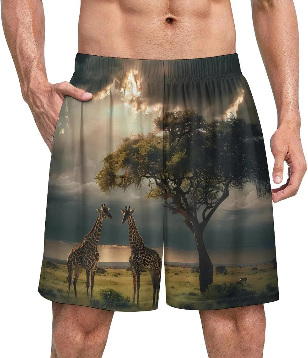 Grassland Giraffes Men's Pajama Shorts Breathable Bottoms Sleep Shorts Lounge Pants Soft Pj Sleepwear