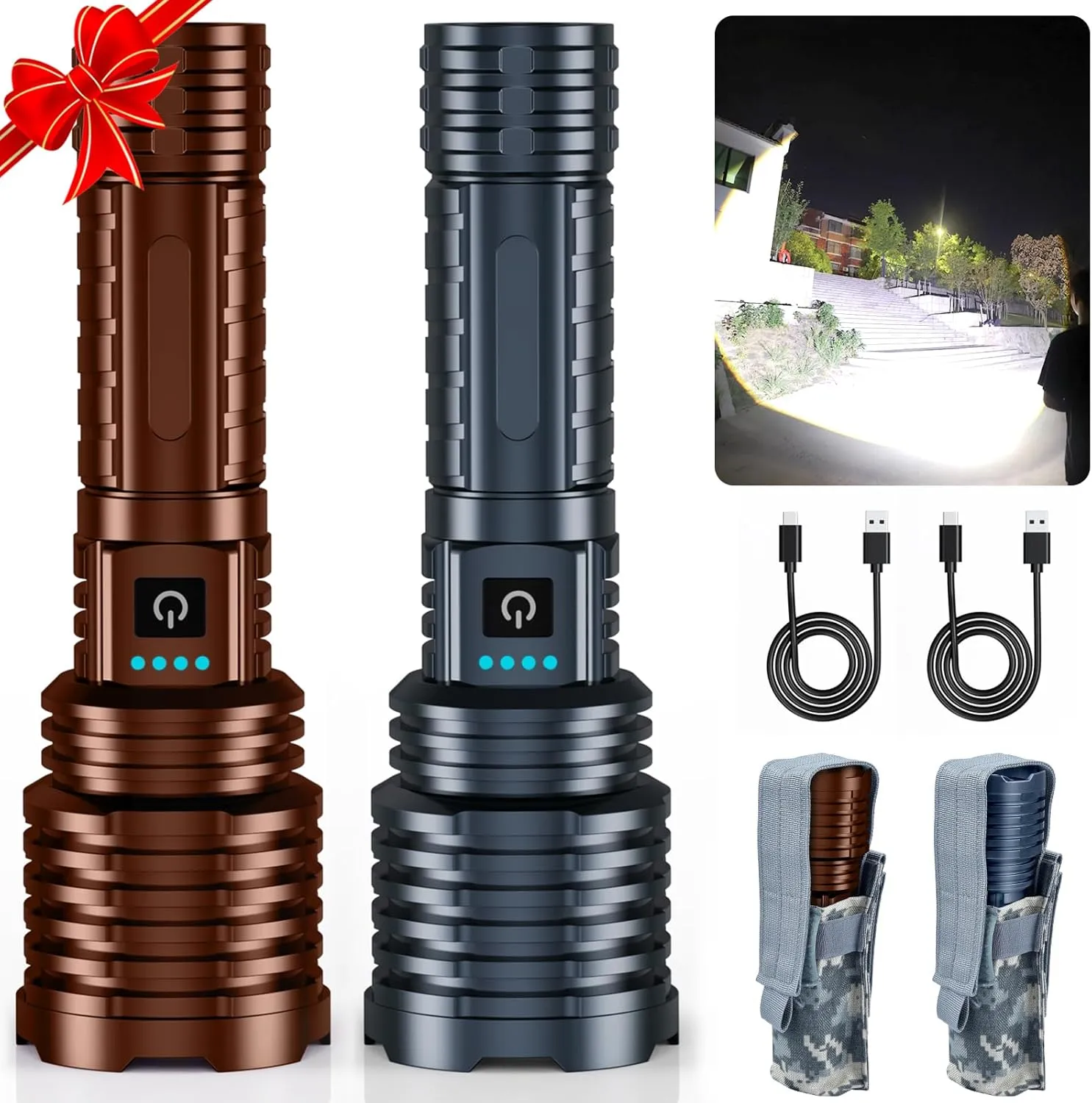 Gray&Brown Super Bright Rechargeable LED Flashlights,True High Lumens, Powerful Tactical Flashlight Up to 25H Long Battery Life |Zoomable|5Light Modes|IP67 Water Resistant for Camping