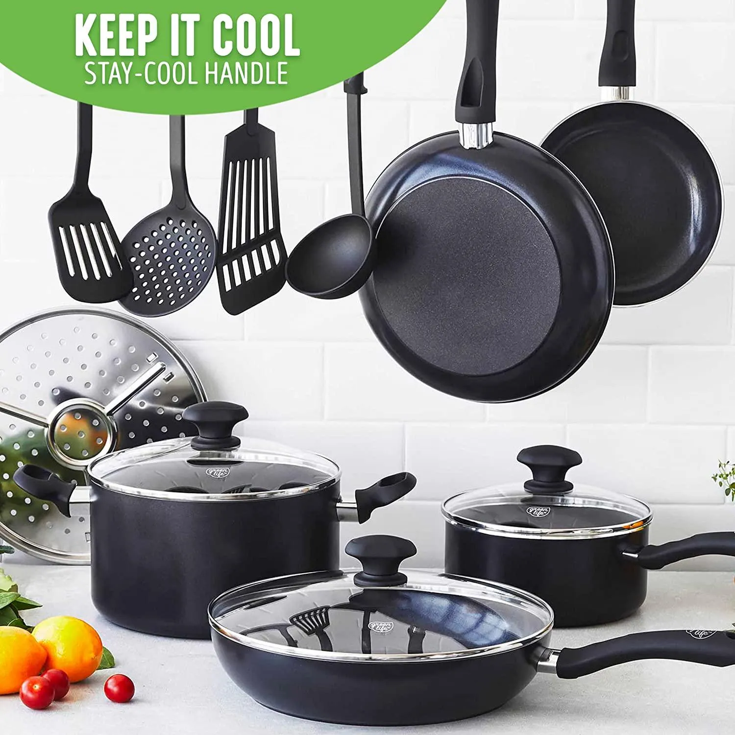 GreenLife Soft Grip Diamond Healthy Ceramic Nonstick, 16 pc Cookware Pots and Pans Set, PFAS-Free, Dishwasher Safe