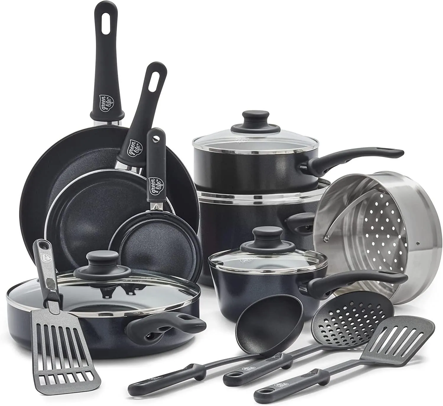 GreenLife Soft Grip Diamond Healthy Ceramic Nonstick, 16 pc Cookware Pots and Pans Set, PFAS-Free, Dishwasher Safe