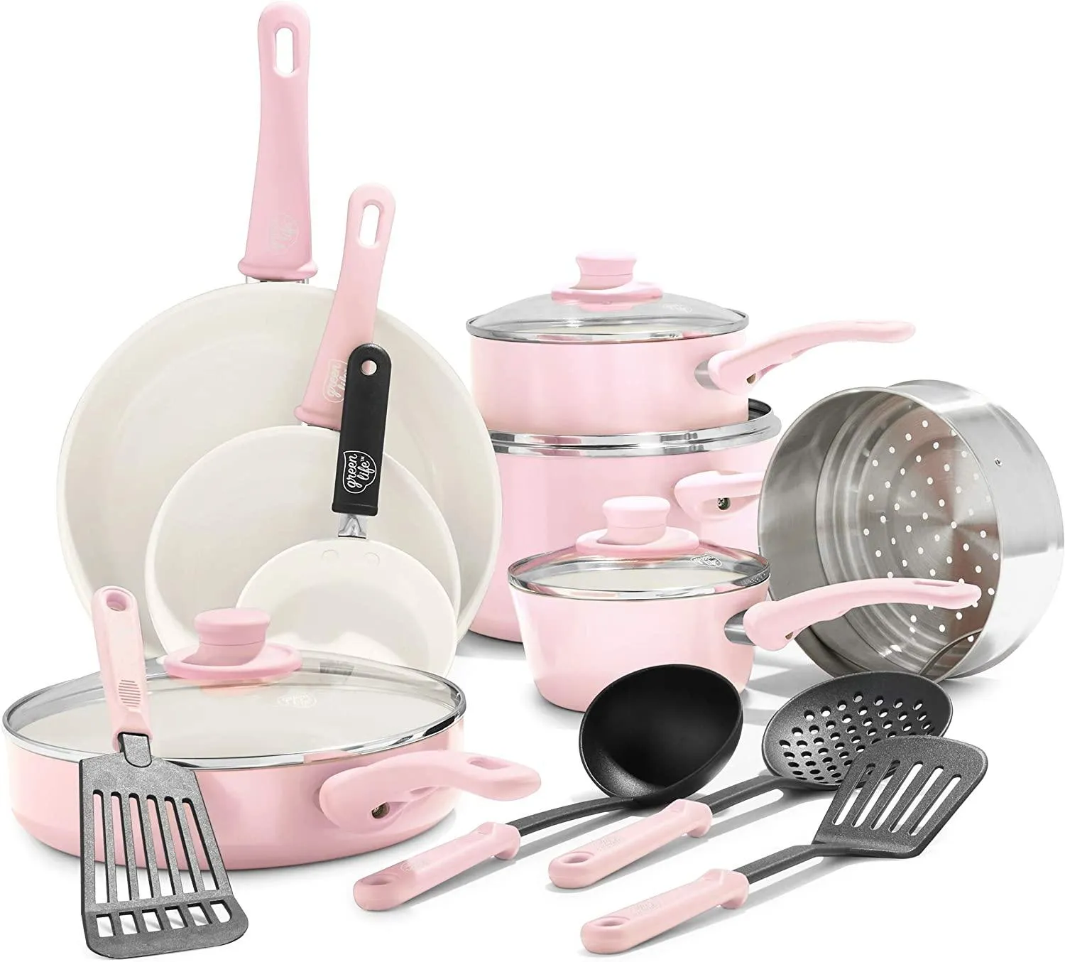 GreenLife Soft Grip Diamond Healthy Ceramic Nonstick, 16 pc Cookware Pots and Pans Set, PFAS-Free, Dishwasher Safe