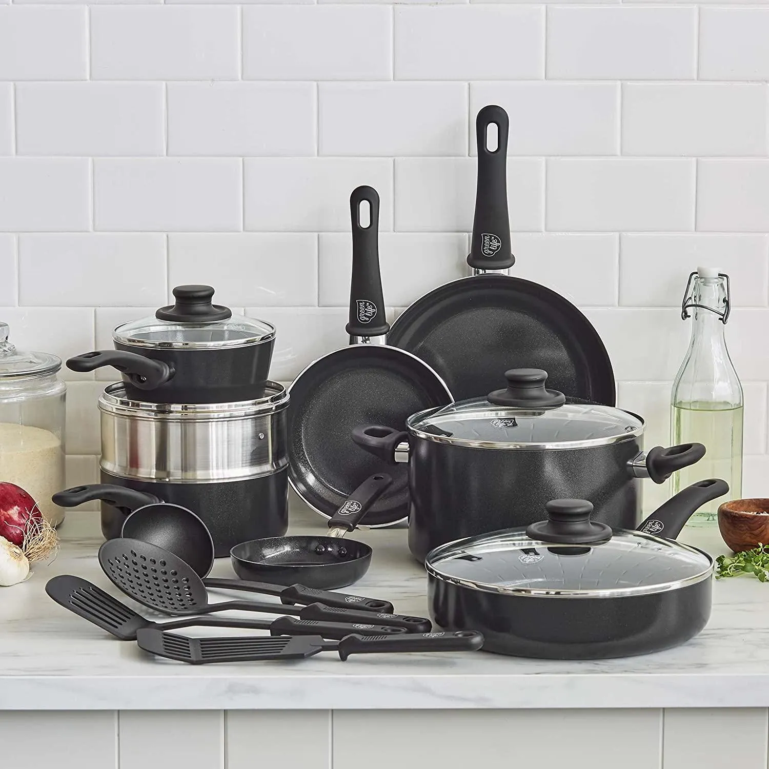 GreenLife Soft Grip Diamond Healthy Ceramic Nonstick, 16 pc Cookware Pots and Pans Set, PFAS-Free, Dishwasher Safe