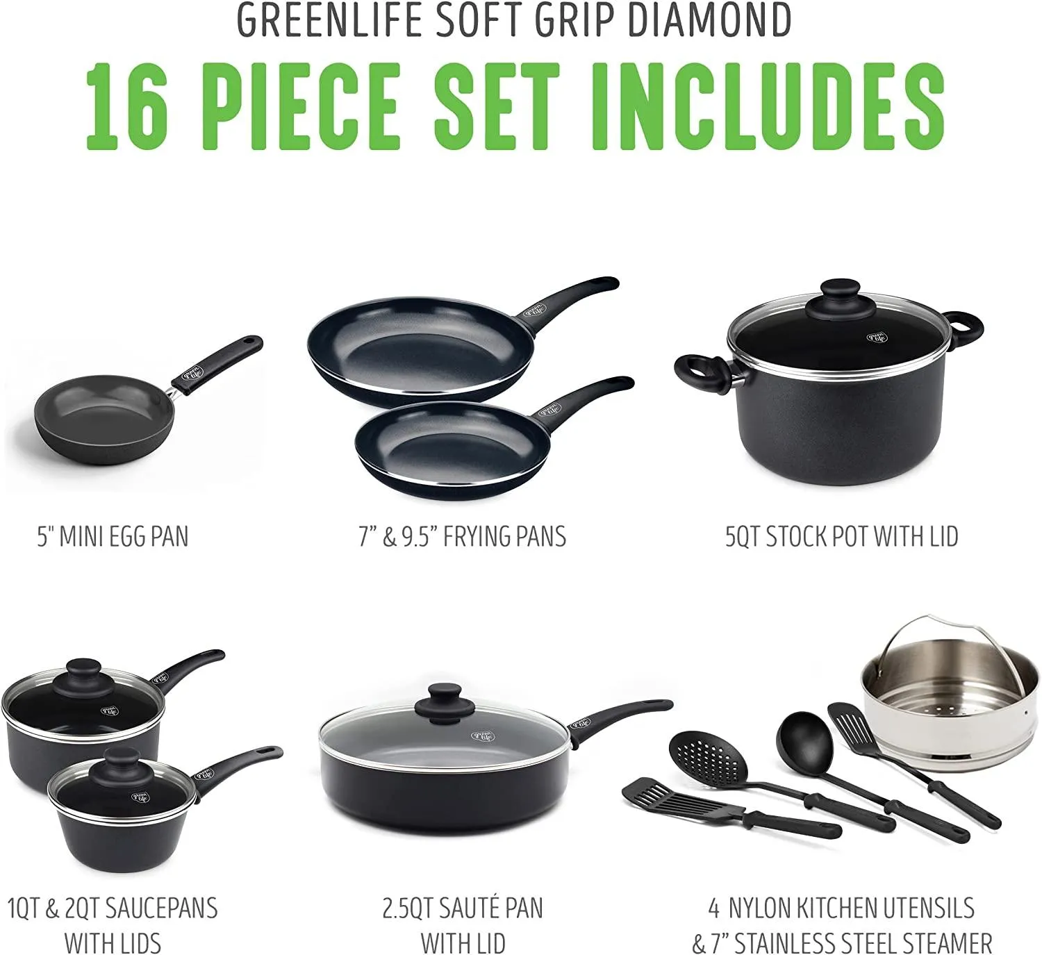 GreenLife Soft Grip Diamond Healthy Ceramic Nonstick, 16 pc Cookware Pots and Pans Set, PFAS-Free, Dishwasher Safe