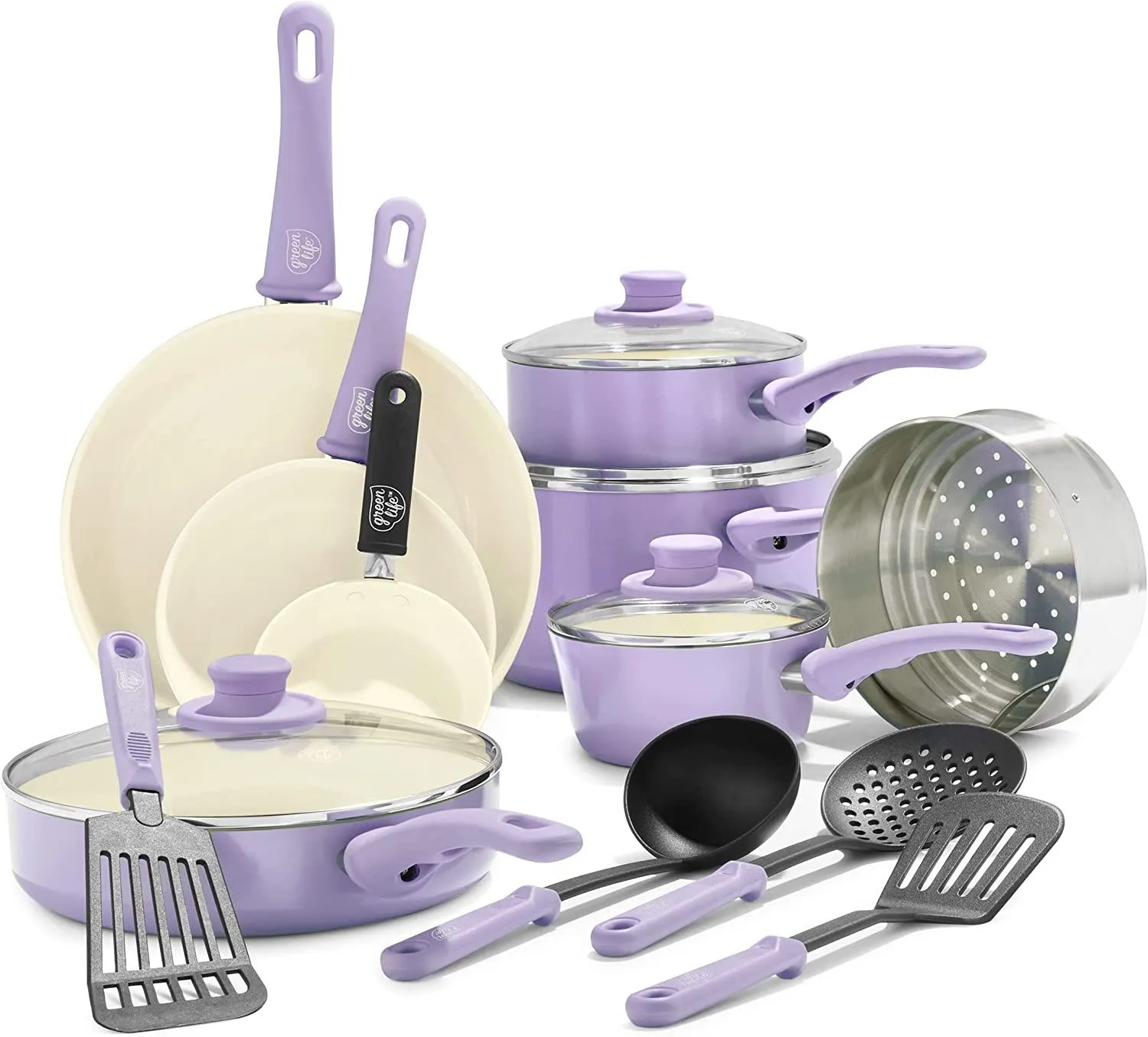 GreenLife Soft Grip Diamond Healthy Ceramic Nonstick, 16 pc Cookware Pots and Pans Set, PFAS-Free, Dishwasher Safe