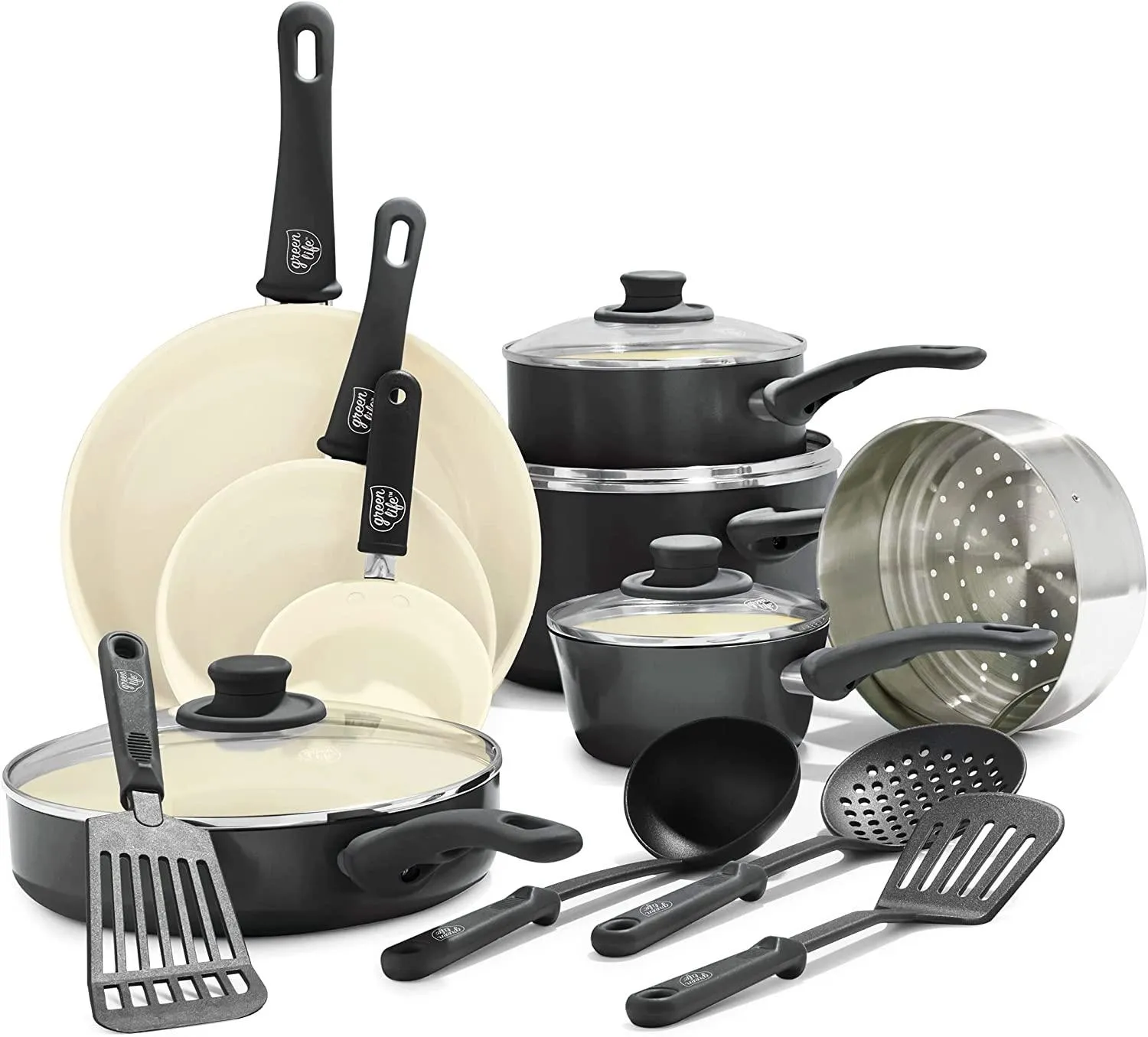 GreenLife Soft Grip Diamond Healthy Ceramic Nonstick, 16 pc Cookware Pots and Pans Set, PFAS-Free, Dishwasher Safe