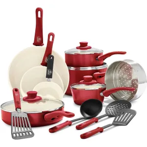 GreenLife Soft Grip Diamond Healthy Ceramic Nonstick, 16 pc Cookware Pots and Pans Set, PFAS-Free, Dishwasher Safe