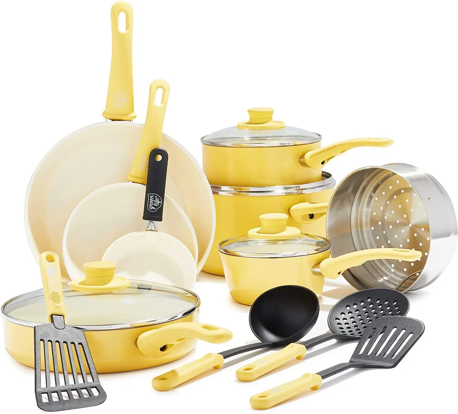 GreenLife Soft Grip Diamond Healthy Ceramic Nonstick, 16 pc Cookware Pots and Pans Set, PFAS-Free, Dishwasher Safe