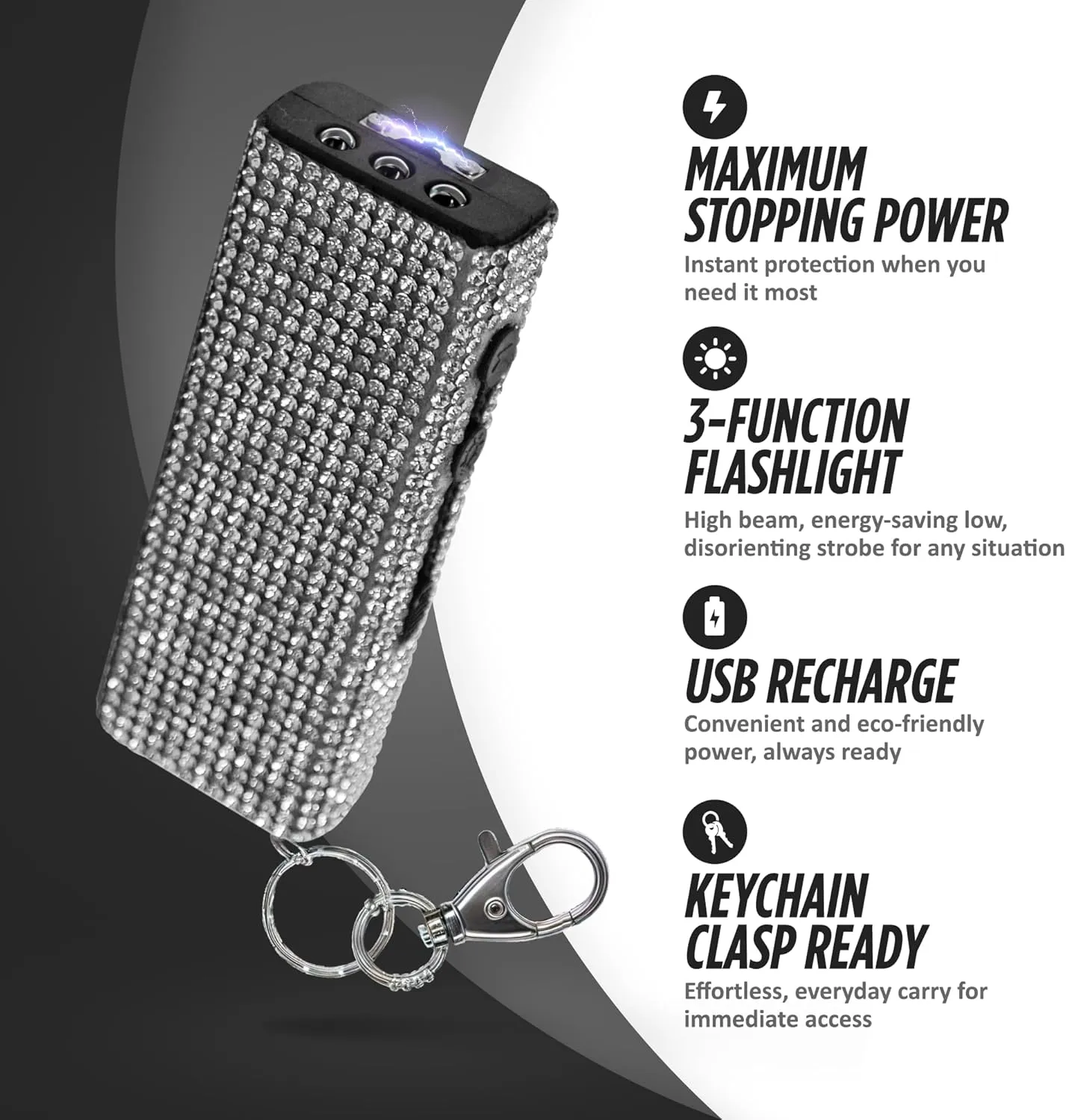Guard Dog Security Mini Stun Gun Keychain Bling It On, Powerful Stun Gun for Women Self Defense with LED Flashlight, USB Rechargeable, Rhinestone and Compact Design