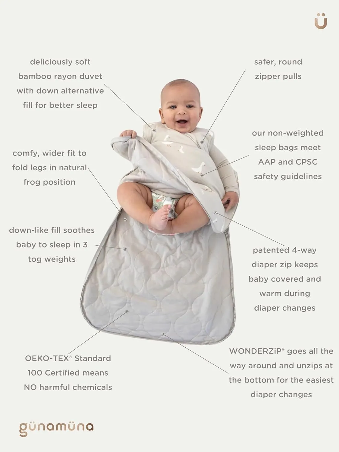 GUNAMUNA günamüna Unisex Baby, Toddler Wearable Blanket, Sleeping Bag Bamboo Rayon, Sleep Sack with Diaper Zipper, 1.0 TOG