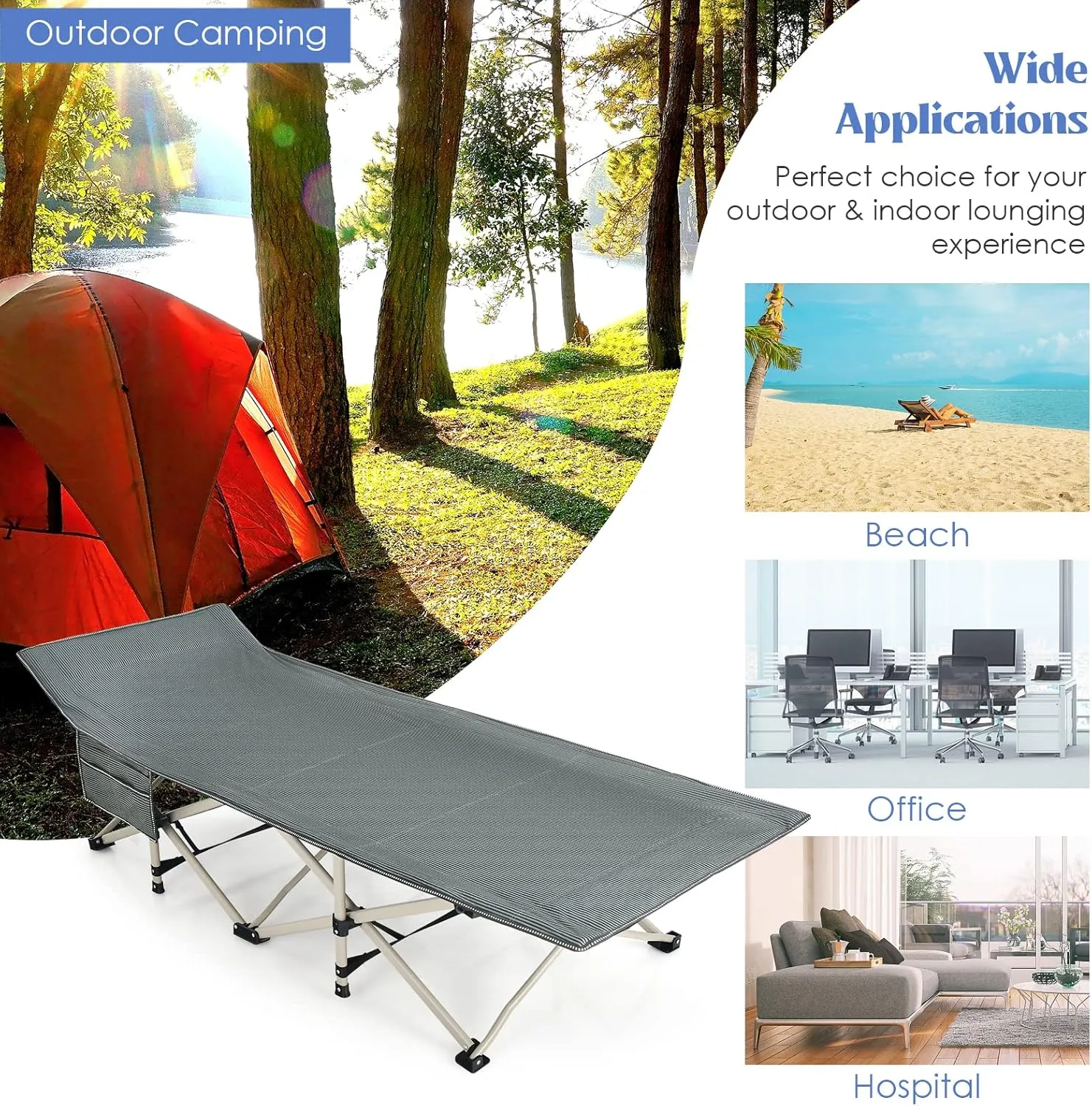 GYMAX Camping Cot, 882 LBS Folding Camping Cot for Adult with Carry Bag & Side Pocket, Heavy Duty Quick Folding Design Camping Bed for Sleeping/Nap, Portable Lightweight Military Cot (1, Grey)