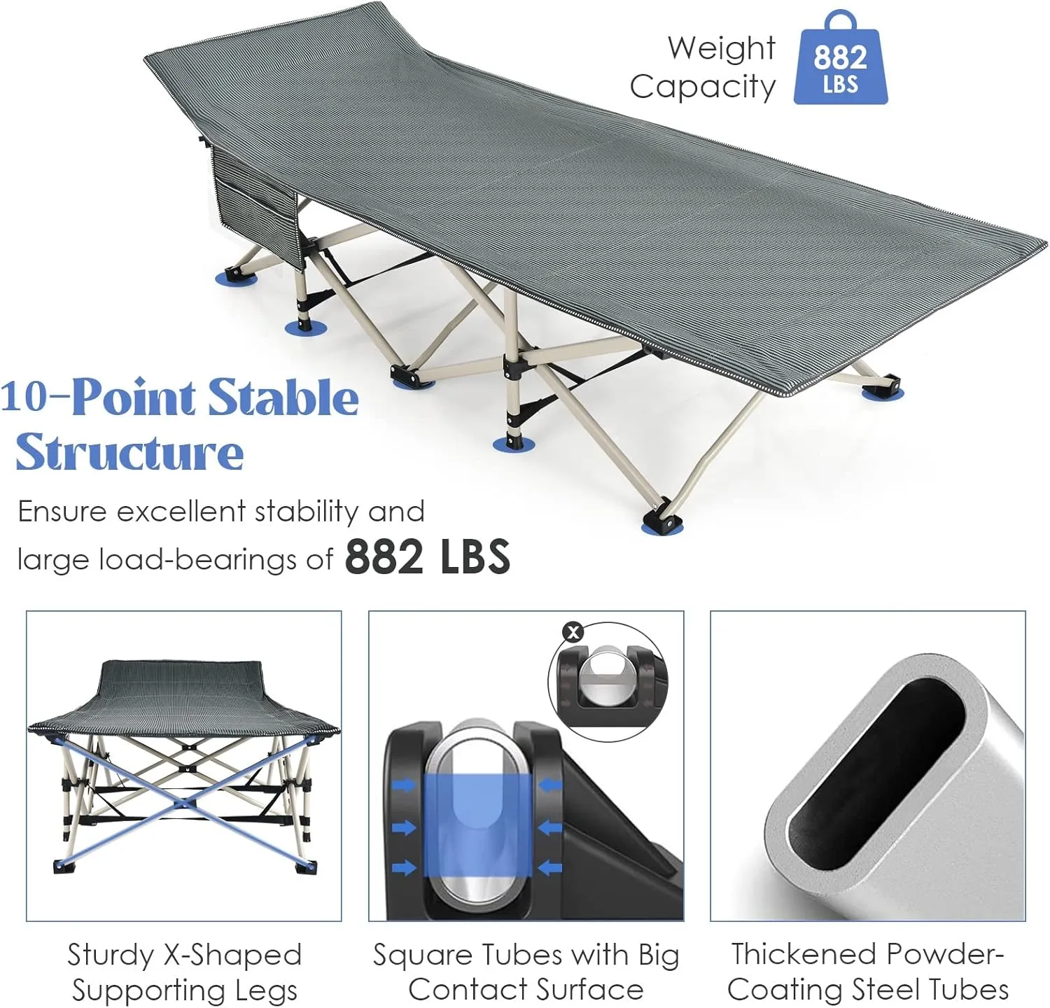 GYMAX Camping Cot, 882 LBS Folding Camping Cot for Adult with Carry Bag & Side Pocket, Heavy Duty Quick Folding Design Camping Bed for Sleeping/Nap, Portable Lightweight Military Cot (1, Grey)