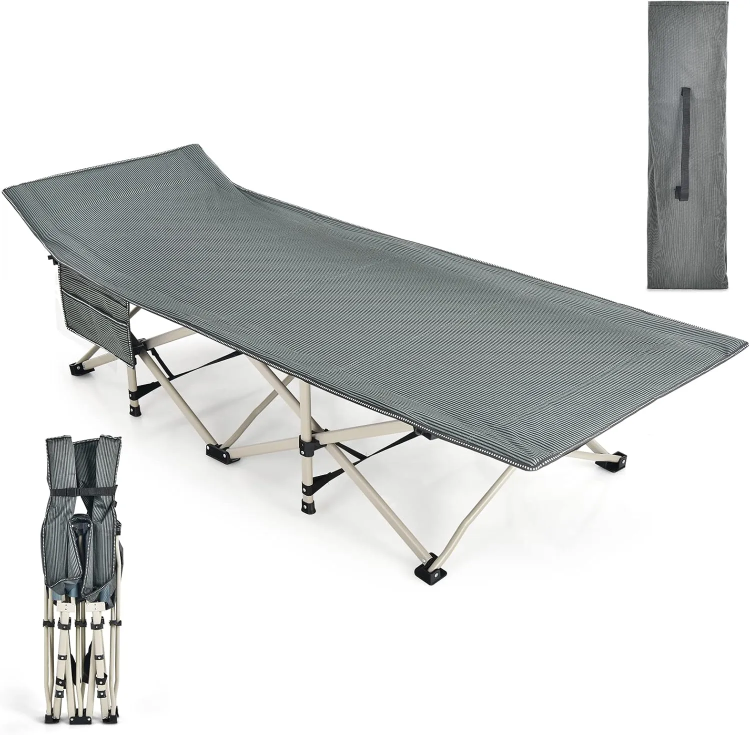 GYMAX Camping Cot, 882 LBS Folding Camping Cot for Adult with Carry Bag & Side Pocket, Heavy Duty Quick Folding Design Camping Bed for Sleeping/Nap, Portable Lightweight Military Cot (1, Grey)