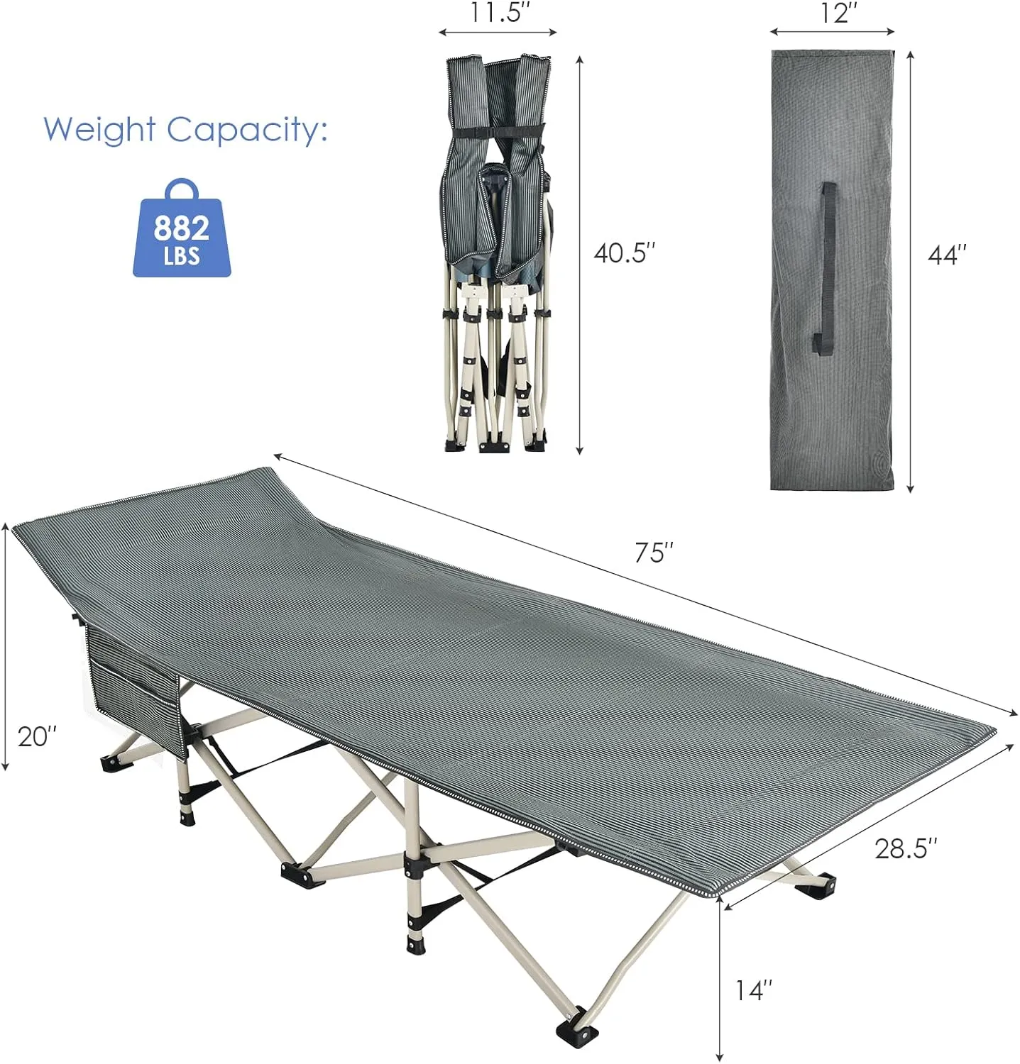 GYMAX Camping Cot, 882 LBS Folding Camping Cot for Adult with Carry Bag & Side Pocket, Heavy Duty Quick Folding Design Camping Bed for Sleeping/Nap, Portable Lightweight Military Cot (1, Grey)