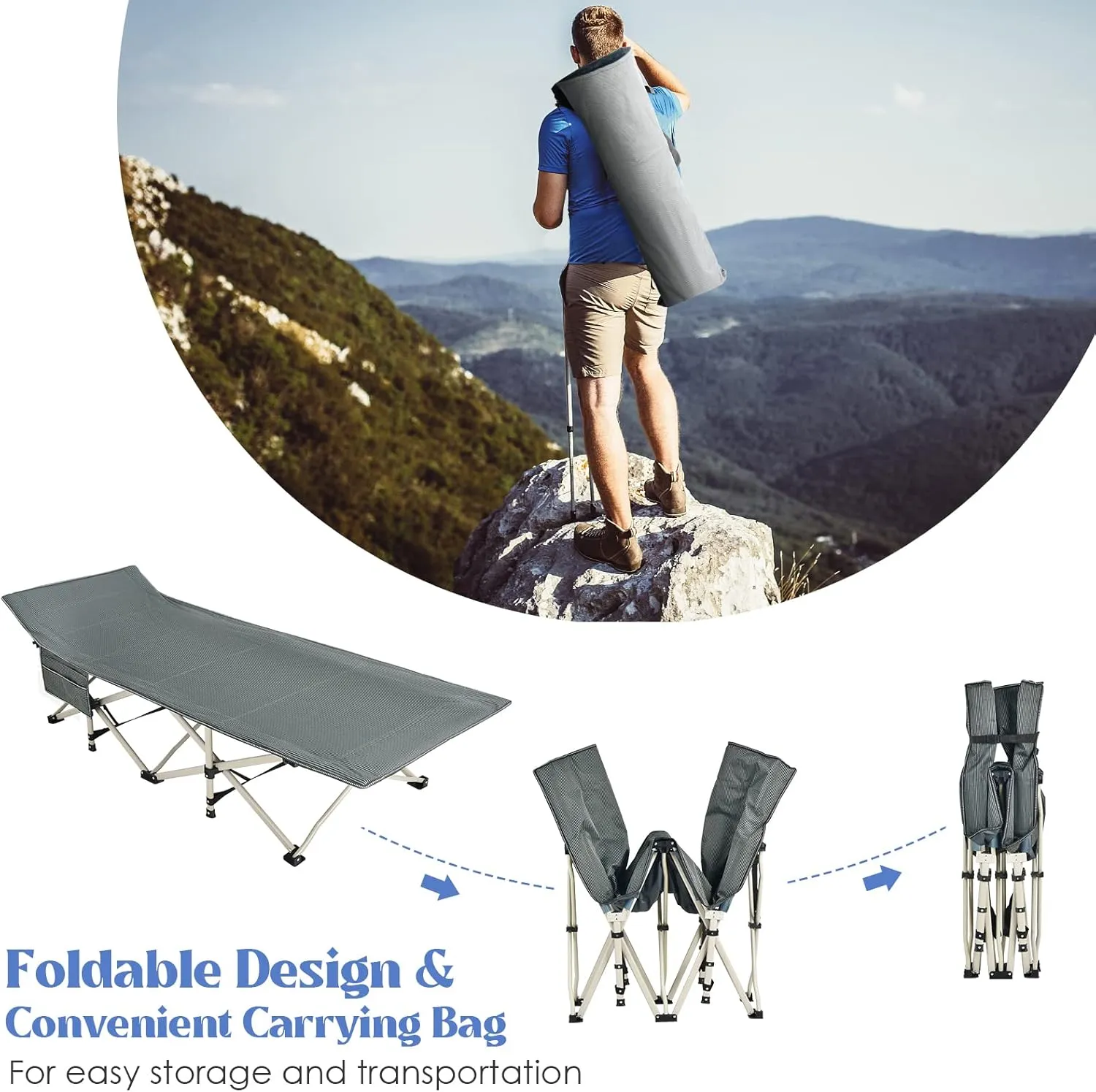 GYMAX Camping Cot, 882 LBS Folding Camping Cot for Adult with Carry Bag & Side Pocket, Heavy Duty Quick Folding Design Camping Bed for Sleeping/Nap, Portable Lightweight Military Cot (1, Grey)
