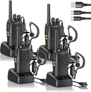 H888S （4 Pack） Walkie Talkies Handheld Two Way Radio with Original Earpieces, 2-Way Radios UHF Handheld Transceiver Walky Talky, with 2-in-1 Type-C Charging Cable&Charging Station（4 Pack）