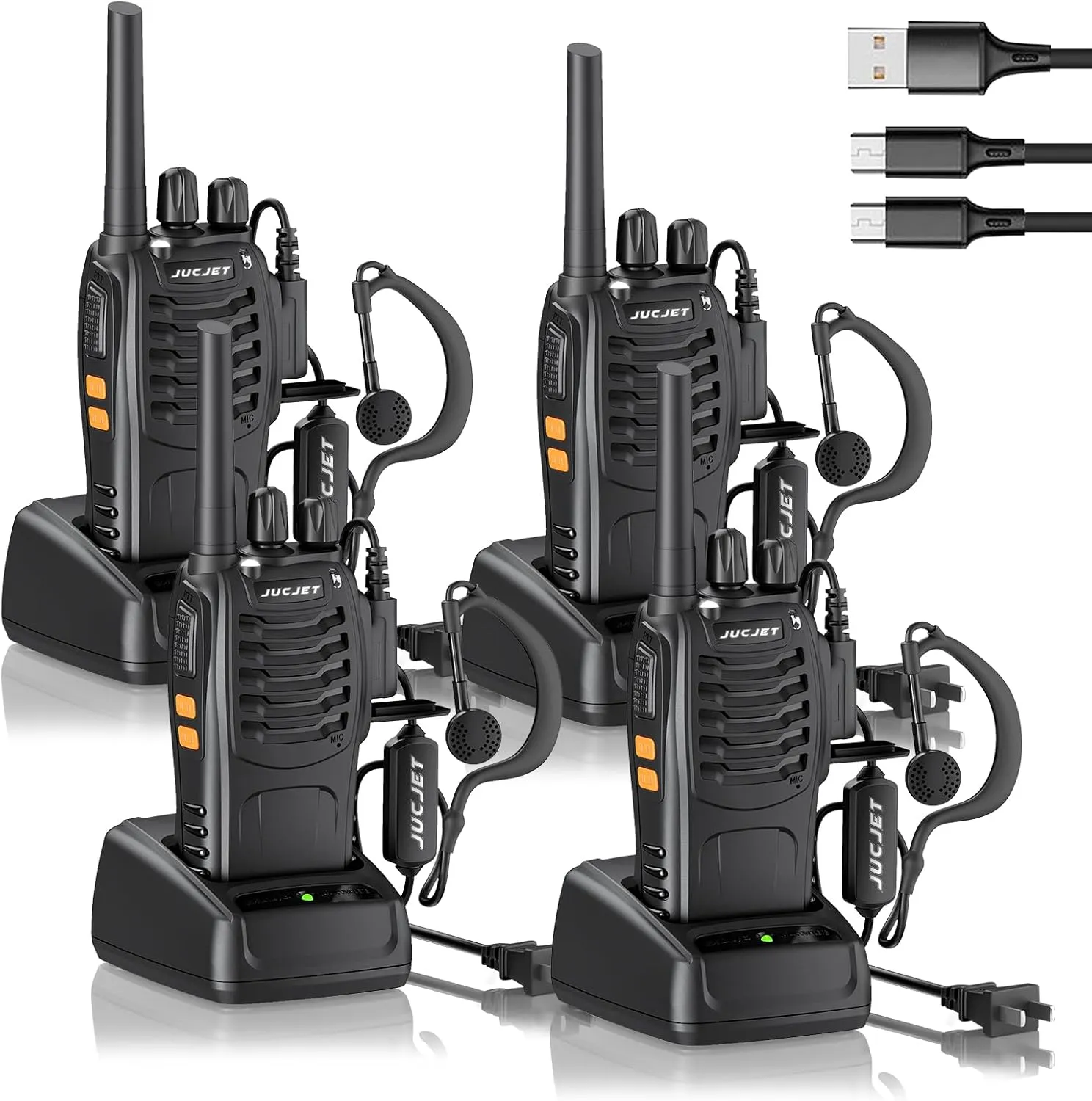 H888S （4 Pack） Walkie Talkies Handheld Two Way Radio with Original Earpieces, 2-Way Radios UHF Handheld Transceiver Walky Talky, with 2-in-1 Type-C Charging Cable&Charging Station（4 Pack）
