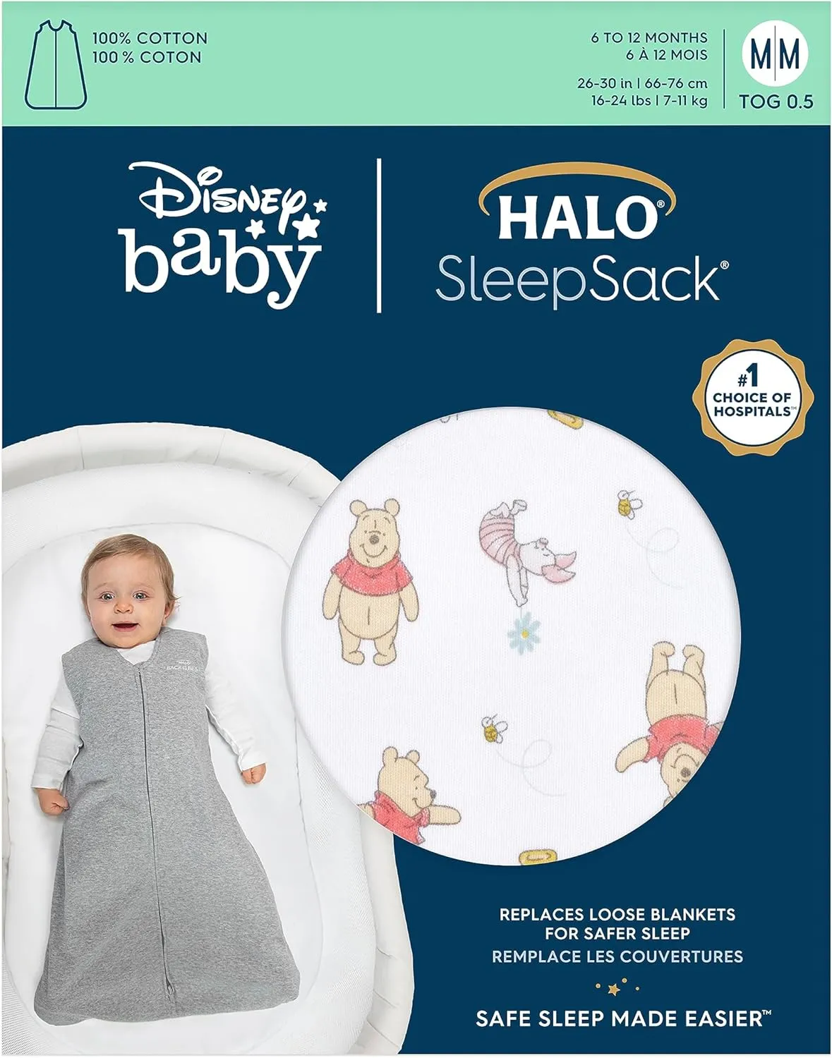 HALO Disney Baby Sleepsack, 100% Cotton Wearable Blanket, Swaddle Transition Sleeping Bag, TOG 0.5, Winnie Rainbows, Large, 12-18 Months