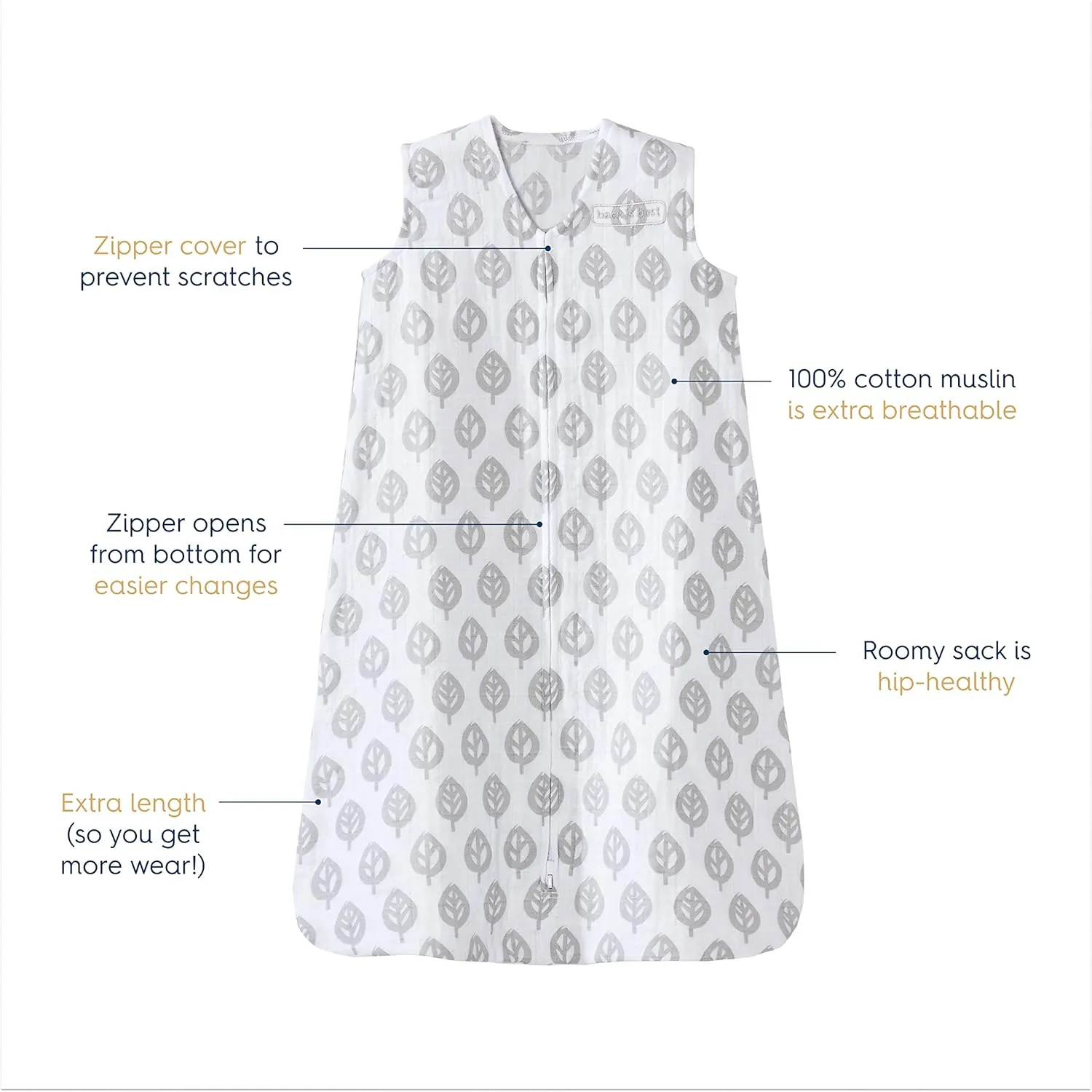 HALO Sleepsack, 100% Cotton Muslin Wearable Blanket, Swaddle Transition Sleeping Bag, TOG 0.5, Grey Tree Leaf, Large, 12-18 Months